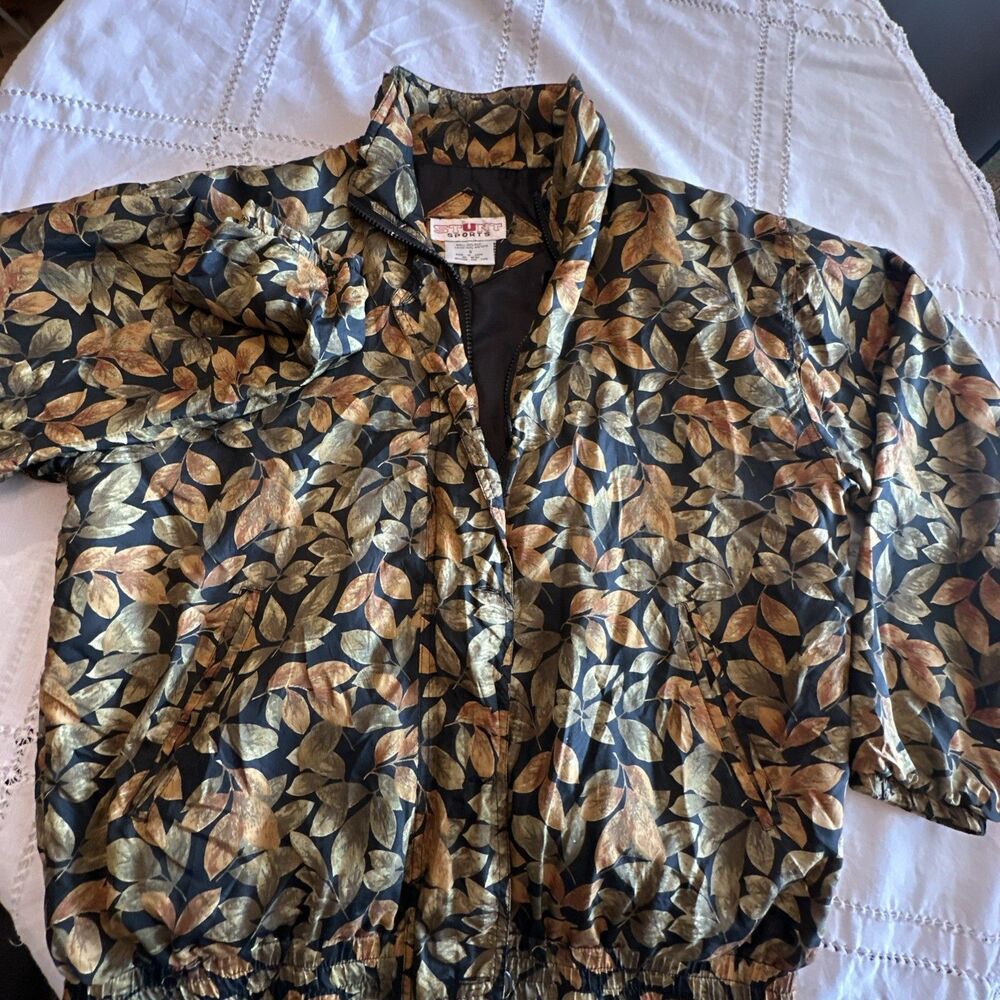 Vintage STUNT SPORTS Women's Jacket  S 100% Silk Front Zip/Buttons Leaves